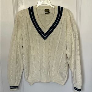 Vintage Evergreen Heavyweight Cream Cable Knit Sweater Large Preppy